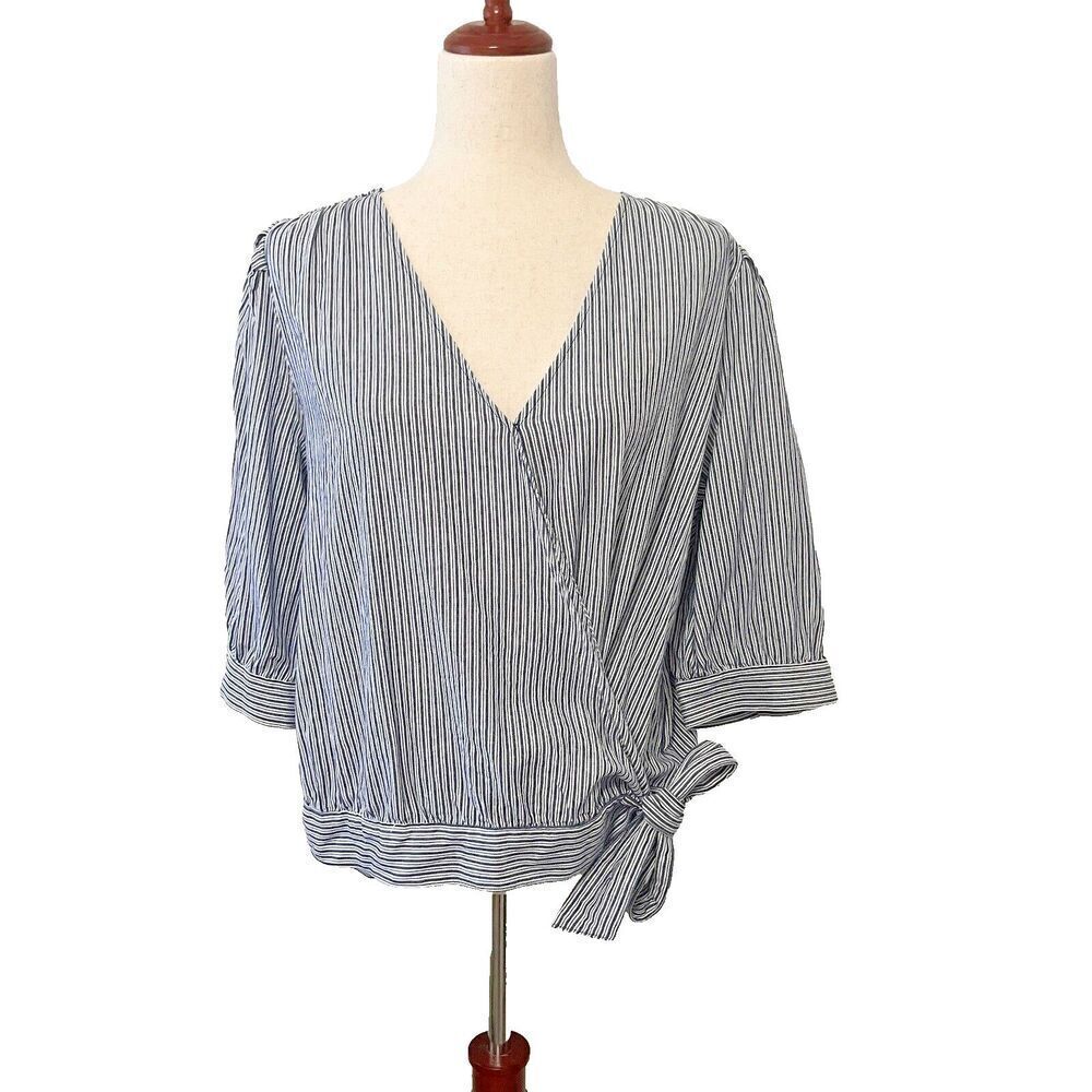 Ana Womens Top Size XL Blue Striped Wrap Short 1/2 Sleeve Tie V-Neck 100% Cotton